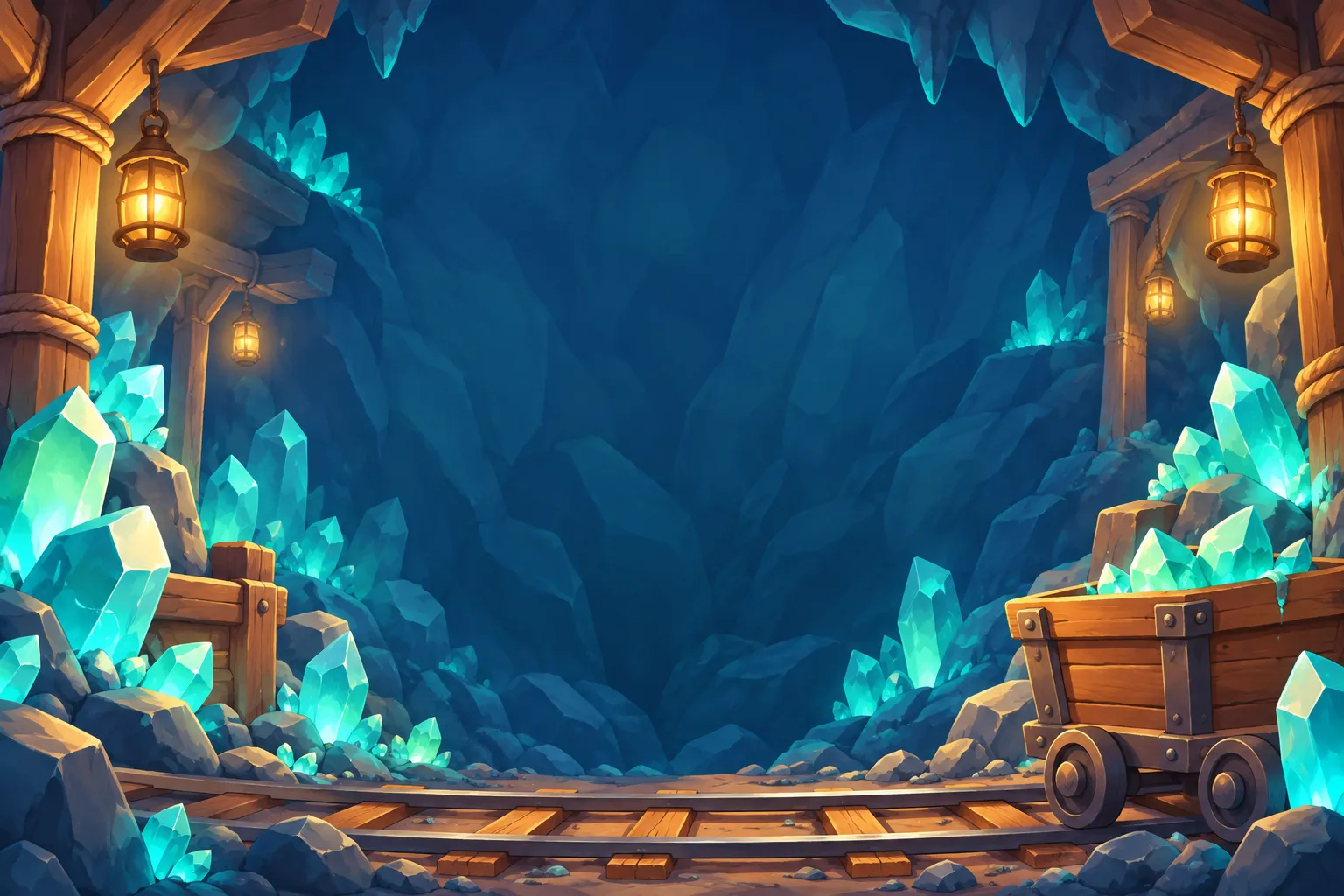 An illustrated mine filled with warm lantern light